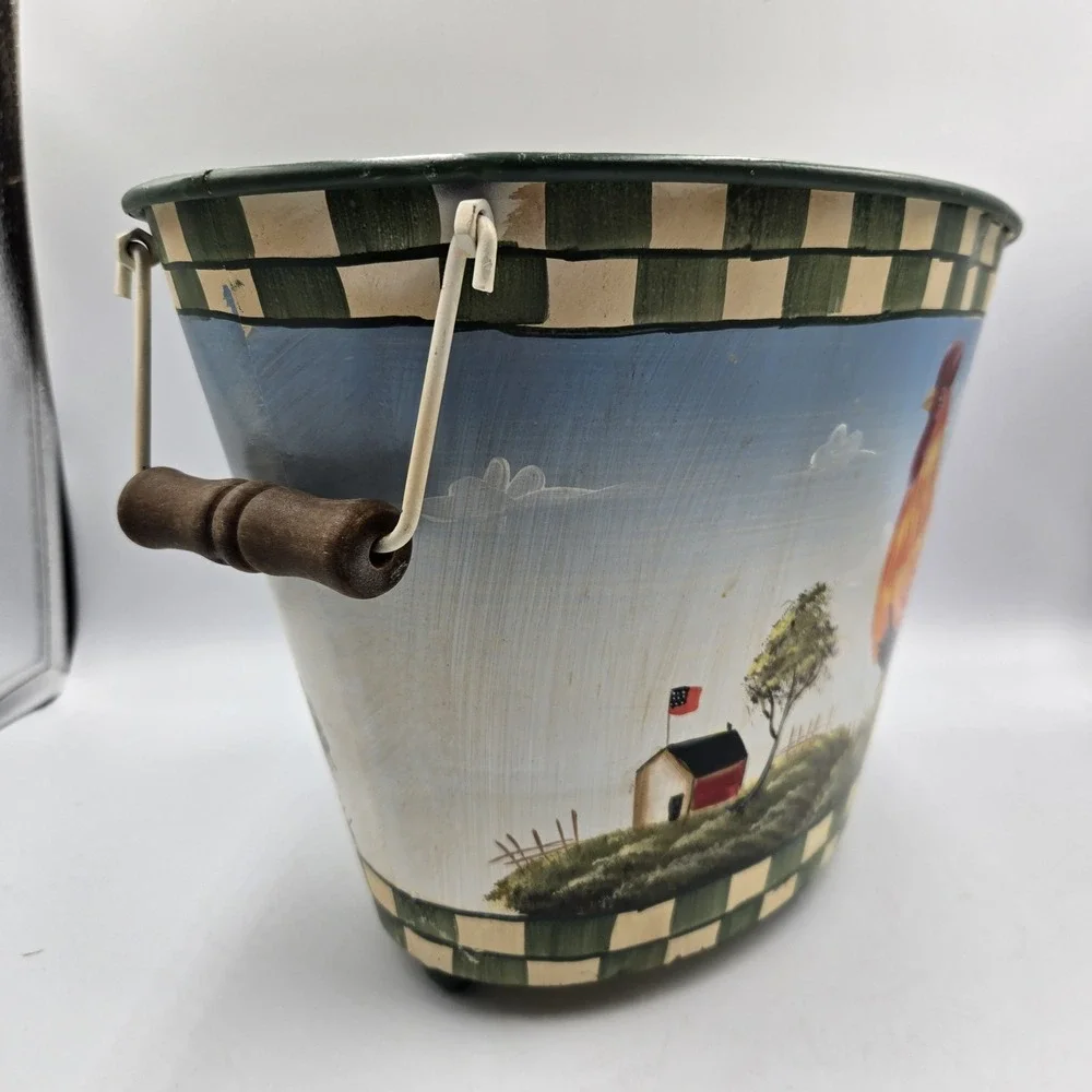 Handpainted Rooster Decorative Large Tin Pail Bucket 13x9